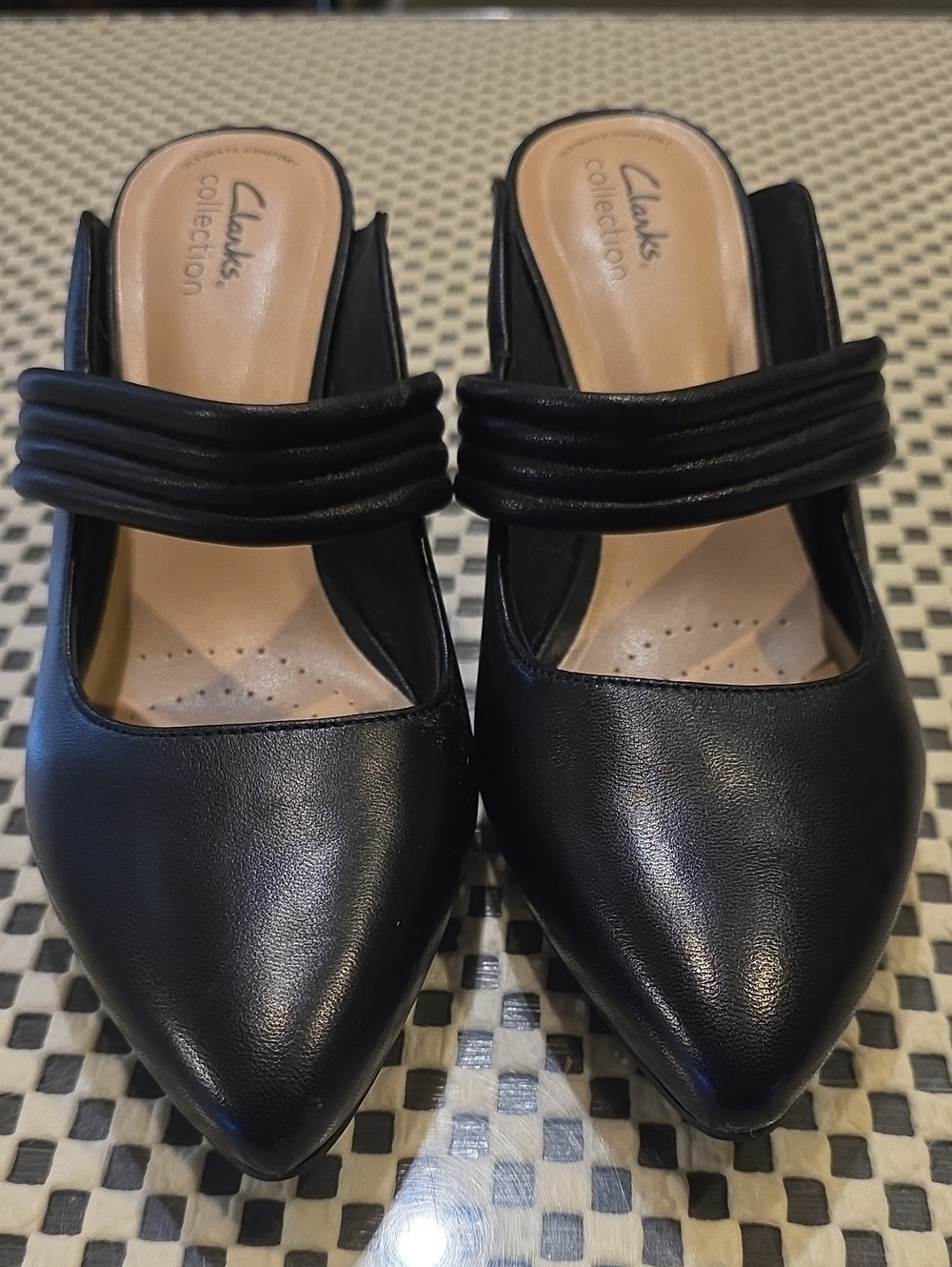 Clarks Black Pointed Mule with Ruched Strap
